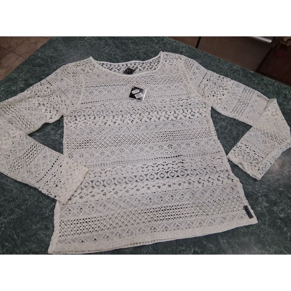 Blanc du Nil France Womens 40 Medium Stretch Sheer Lace Long Sleeve Top Ivory